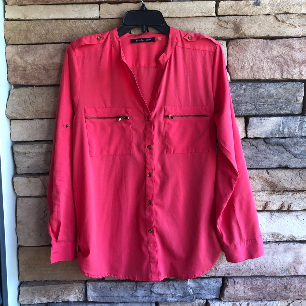 Jennifer & Grace pink lightweight button up long sleeve blouse Women Small